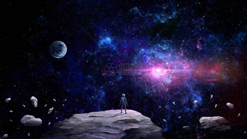 空间背景Scifi宇航员站在岩石上图片