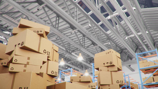 仓库物流中心间的纸板箱巨大的现代化仓库仓库里装满了货架上的纸板箱图片