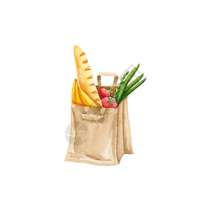 带蔬菜水果面包的水彩纸袋插图上白色孤立手绘环保购物包图片