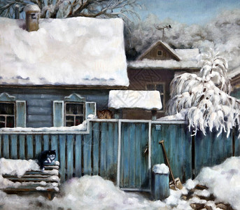 乡村街道上有猫的冬季风景布面油画图片
