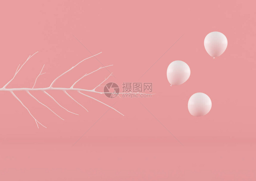 粉红色背景的最小构成概念分支和白气球摘要图片