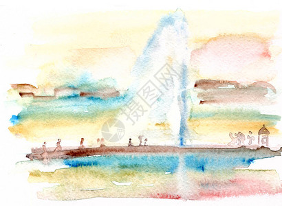 日内瓦湖水彩画喷泉早期春天在日内插画