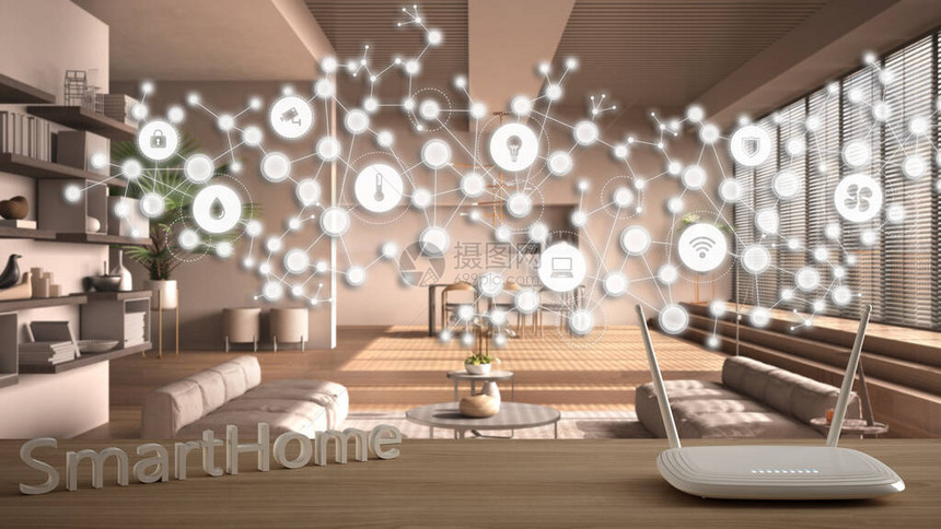 木桌上的WiFi无线路由器智能家居带连接线的几何背景和显示物联网系统的点客厅上的家图片