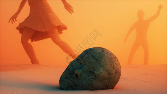 3d幻想景观的插图石像埋在沙子里设计图片