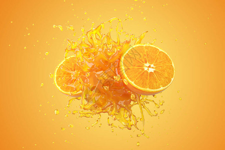 黄色背景的橘子汁液体和橙子水果爆炸3D图片