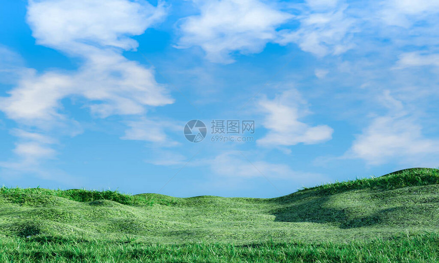 蓝天和美丽的云彩与草甸树夏季海报的平原风景背度假的最佳景观绿草场和蓝图片