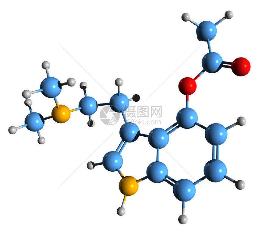 4AcODMT骨架式的3D图像在白色背景下分离的O乙酰psilocin的图片