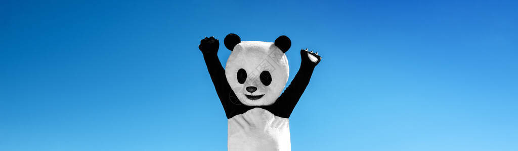 天空仰拍在蓝天背景上举起手来拍着熊猫装扮的插画