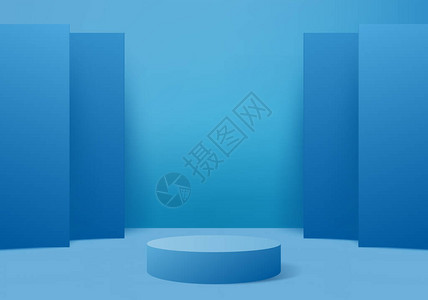 背景3d蓝色渲染与讲台和最小的墙壁场景图片