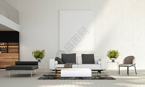 休息室和现代起居室以及白色木制墙纹图片