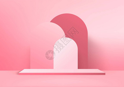背景矢量3d粉红色渲染与讲台和最小粉红色墙壁场景图片
