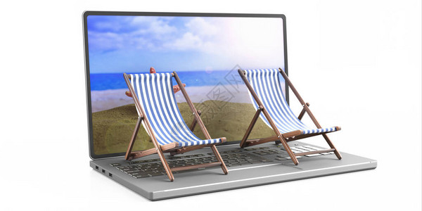 暑假规划海滩度假在白色背景下被隔离的笔记本上的甲板椅图片