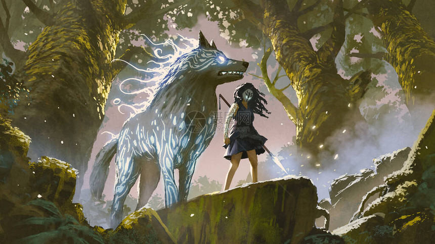 野生女孩她的狼站在森林里数字艺术风图片