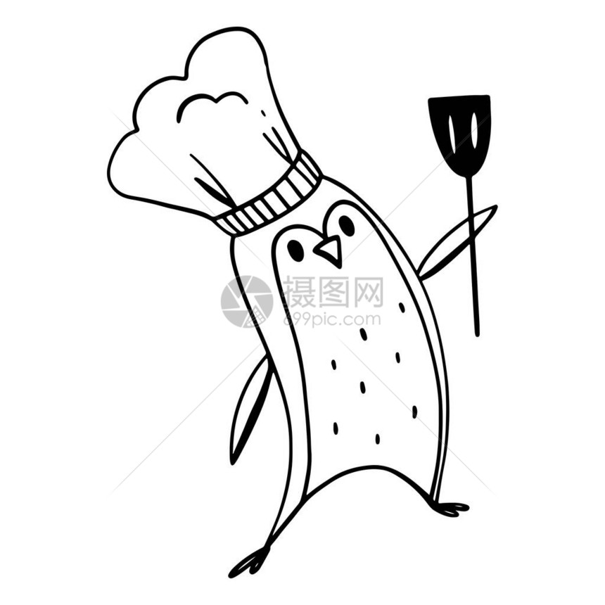 厨房企鹅数字涂鸦轮廓艺术打印横幅装饰菜单餐厅咖啡馆包装纸织物卡片图片
