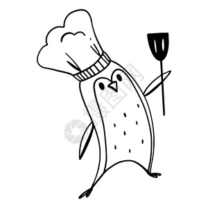 厨房企鹅数字涂鸦轮廓艺术打印横幅装饰菜单餐厅咖啡馆包装纸织物卡片图片