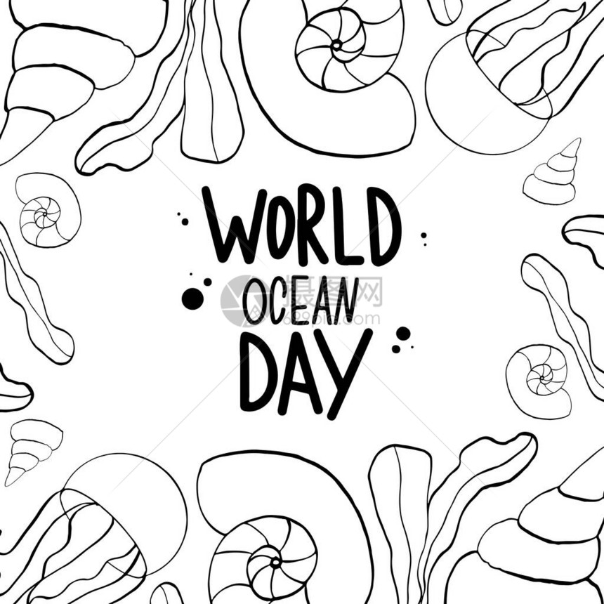 可爱的方形明信片海洋刻字世界海洋日白色背景上的数字艺术涂鸦轮廓用于织物服装文具横幅海报网图片