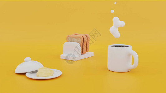 大酱炒鸡蛋黄色3d卡通速食早餐热咖啡套装炒鸡蛋香肠和培根黄油和面包桌上烤面包和餐巾黄色或橙色的桌子和玩具设计图片