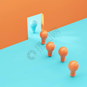 在蓝色橙背景上的橙色灯泡中突出的倾斜蓝色灯泡3D渲染最图片