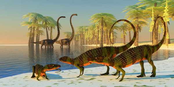 古劳水乡三只装甲的Scutellosaurus恐龙在池塘边缘闲逛插画