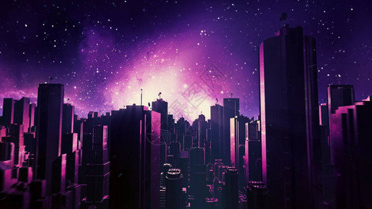 edm复古未来城市飞越背景80年代科幻合成波景观与星用于EDM音乐视频视频介绍的Vaporwave风格化VJ3D插图4K设计图片