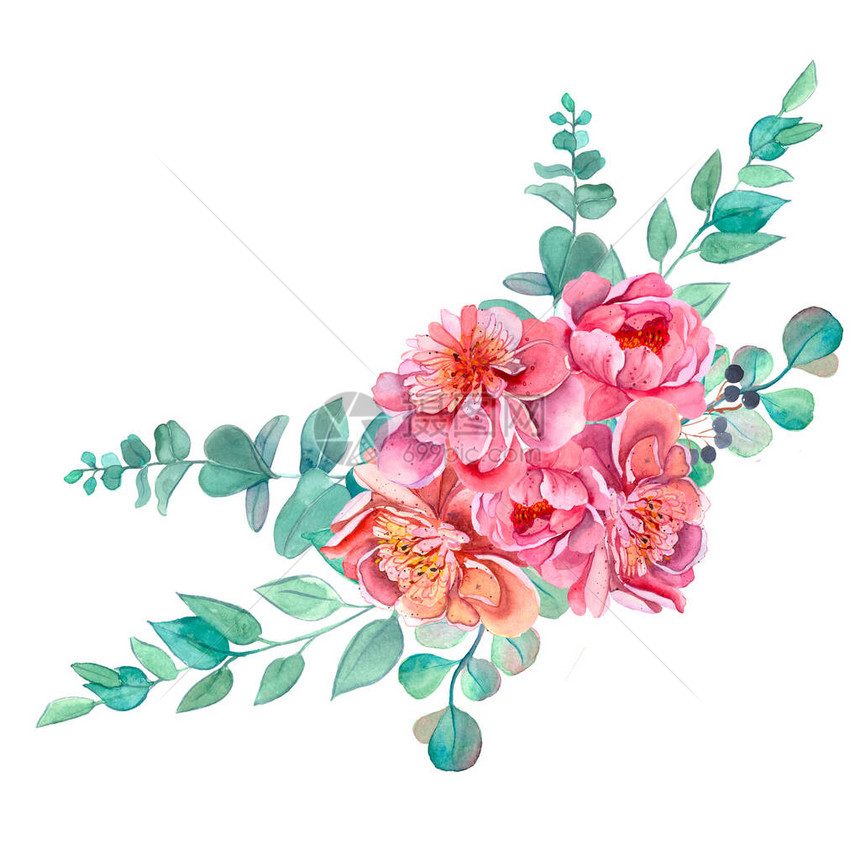 与牡丹的美丽插花粉红色的牡丹水彩花束现成的剪贴画作品粉红色的牡丹婚礼请柬图片