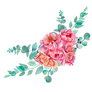 与牡丹的美丽插花粉红色的牡丹水彩花束现成的剪贴画作品粉红色的牡丹婚礼请柬背景图片