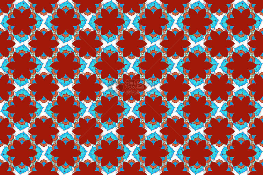相交的弯曲优雅的程式化叶子和卷轴形成阿拉伯风格的抽象花卉装饰蔓藤花纹蓝色红色和灰色的复古抽象图片
