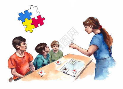 儿童自闭症人物教师班与自闭症儿童的插图在白图片