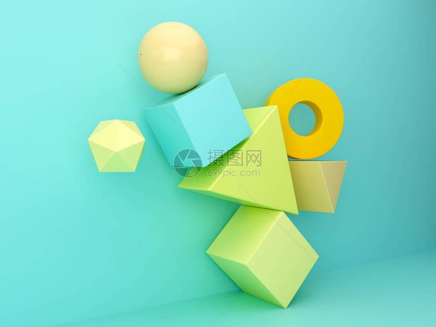3D渲染具有几何形式的抽象最小场景彩色背景上的一组现实人物用于抽象设计组合的球体圆环管四面图片