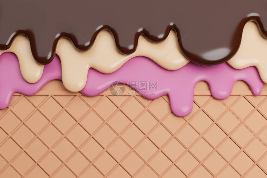 巧克力香草和莓冰淇淋在Wafer背景上熔化图片