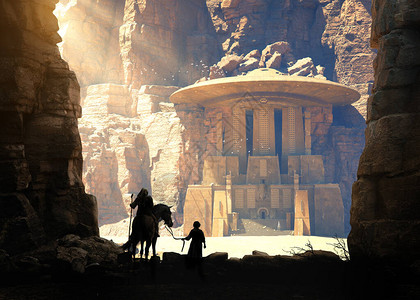祖传探险家和他的孩子在沙漠洞穴岩石中发现古庙插画