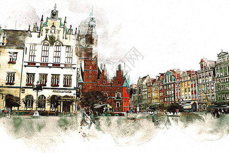 弗罗茨瓦夫Wroclaw城市波兰古老年艺术插画