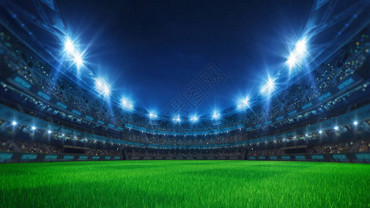 体育场内满是球迷的看台闪亮的夜灯和绿草如茵的操场体育场馆的数字3D插图背景图片