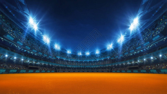 体育场有装满粉丝闪亮的夜光和橙色表面的仰卧台图片