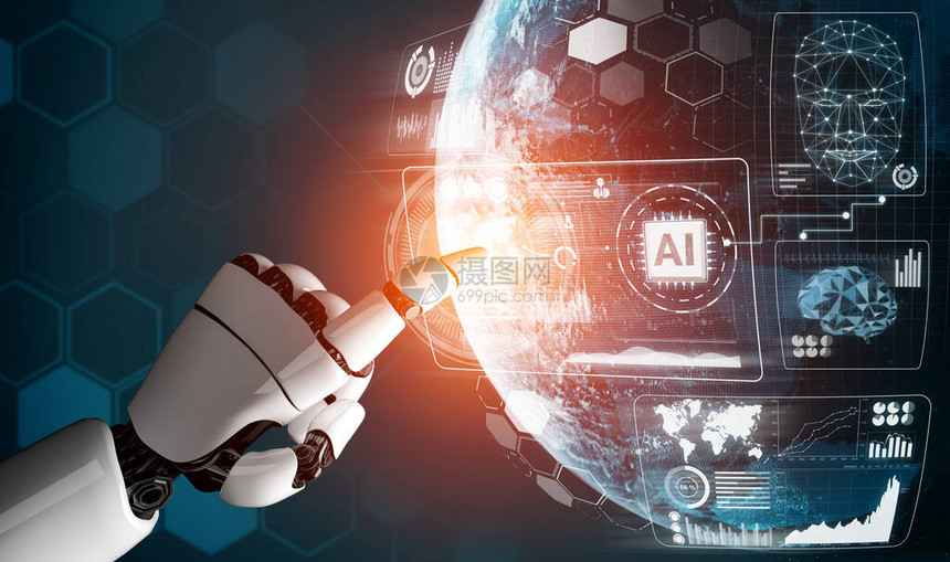 3D渲染未来机器人技术开发人工智能AI和机器概念全球机器人仿生科学研究为人图片