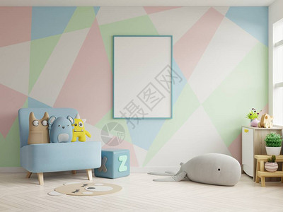 在儿童房儿童房托儿所模型柔和的颜色背景中模拟海报框架图片