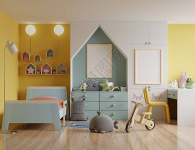 儿童卧室带屋顶房屋和黄色墙壁儿童房样机海报图片