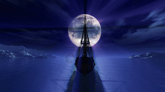 夜晚满月的旧船3d渲染插图图片