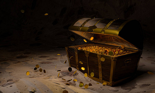 滇红金针由木板制成的古代和老式宝箱中的金币用金属和金针加固宝箱放置在洞穴或水下宝箱的沙子上设计图片