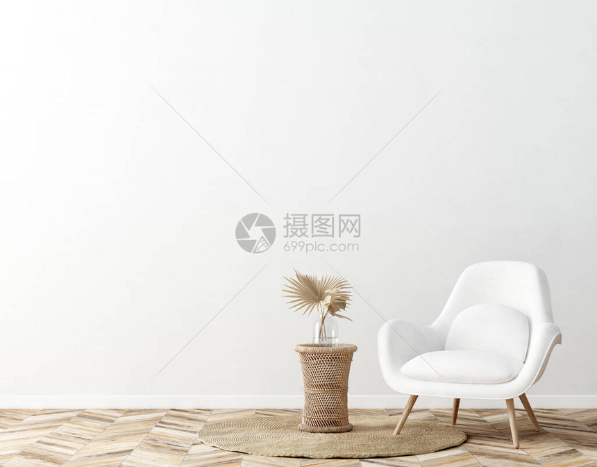 室内客厅内装有白色的手椅和花朵图片