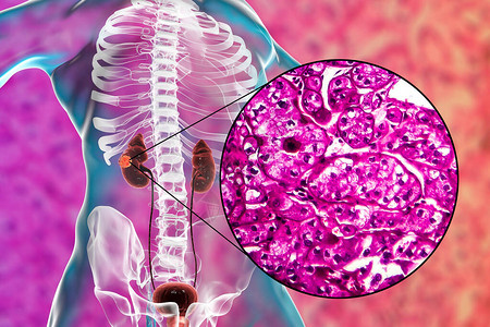 肾癌肾细胞癌3D插图和光显微照片图片