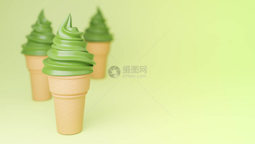 在绿色背景的脆盘上以绿色茶叶香味作为软服务冰淇淋3图片