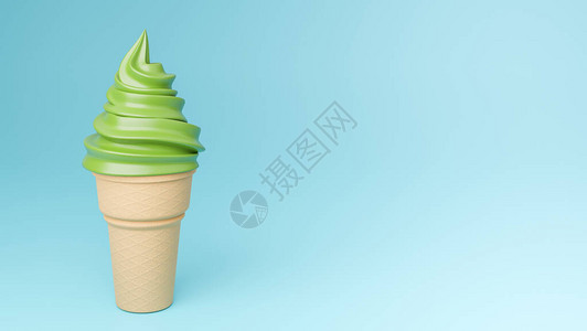 三色脆皮冰淇淋蓝色背景的脆皮锥上的绿色茶味冰淇淋3设计图片
