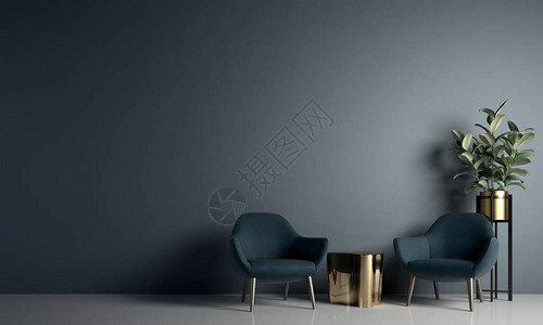 现代舒适的客厅和蓝色墙纹理背景室内设图片