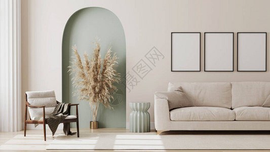 在室内的米格墙壁上用现代家具和装饰绿色拱形潮湿干鲜花白色沙发和手图片