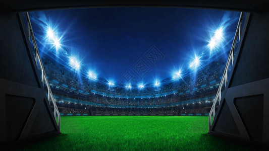 通往操场的体育场隧道球员进入充满球迷的照明足球场体育广告的数字3背景图片