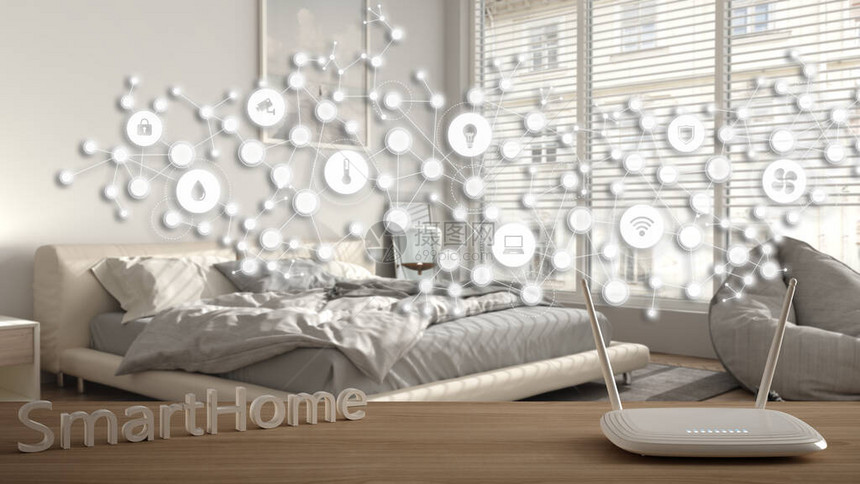 木桌上的WiFi无线路由器智能家居带连接线的几何背景和显示物联网系统的点现代卧室的家图片