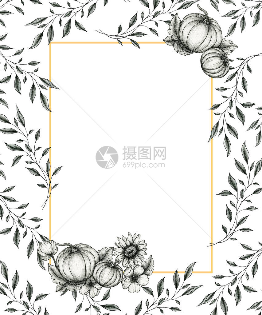 用于保存日期的复古秋季卡片模板婚礼邀请或贺卡带南瓜和叶子手绘装饰的框架图片