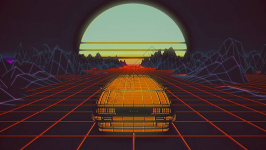 索德洛背景是太阳的复古未来派汽车3d渲染设计图片