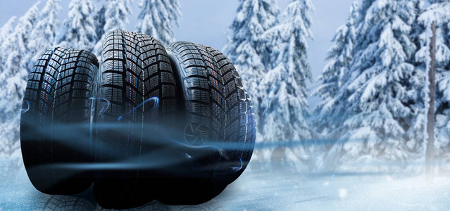 四个黑色轮胎在降雪的冬天轮胎图片